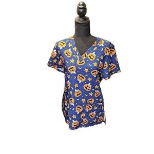 Peanuts Halloween Scrub Top Pumpkin Jack O Lantern Snoopy size L